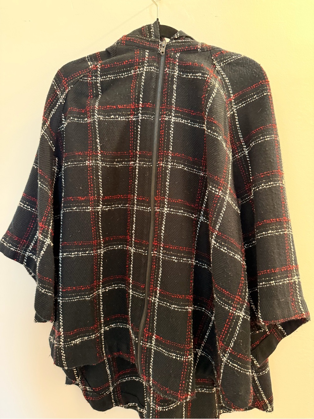 BCBG Women’s Black Plaid Hooded Zip Poncho Jacket
